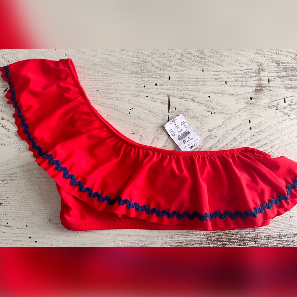 J. Crew Red and Blue Rickrack Ruffle One-Shoulder Bikini Top. Size M NWT